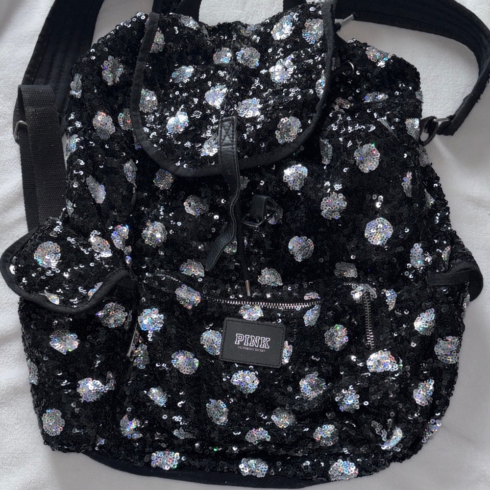 PINK Victoria's Secret Black and Silver Sequin Backpack